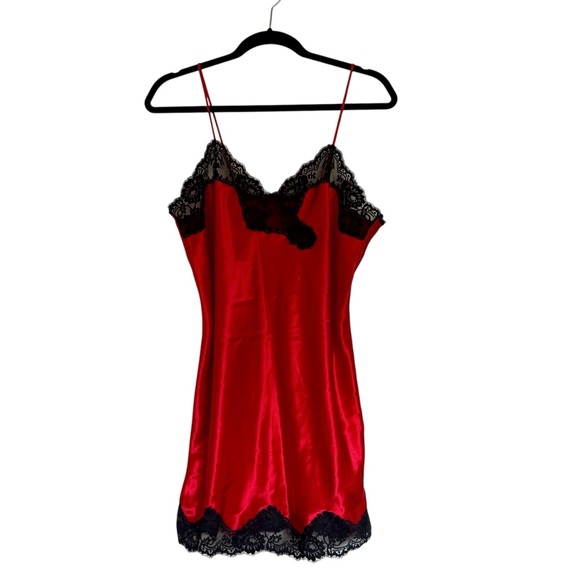 Fantasie Red and Black Lace Trim Satin Slip Dress Size Medium - Picture 1 of 8